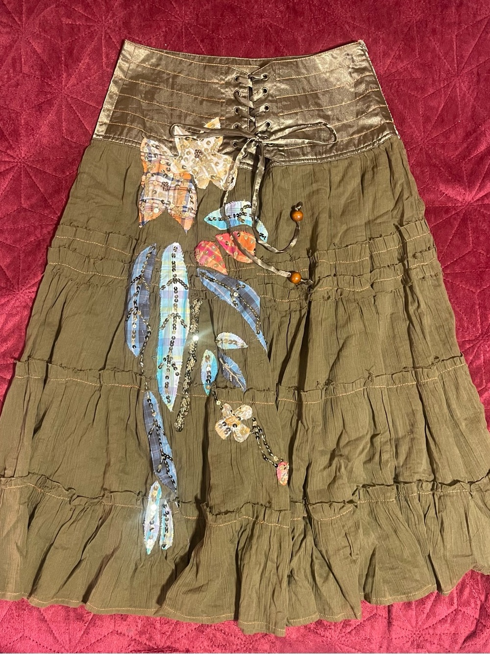 Vintage Y2K Bohemian Whimsigoth Olive Green Tiered Midi Skirt Patchwork details